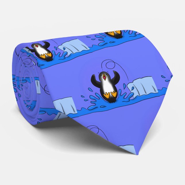 Cute happy jumping penguin cartoon illustration neck tie (Rolled)