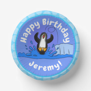 Cute happy jumping penguin cartoon illustration paper bowls