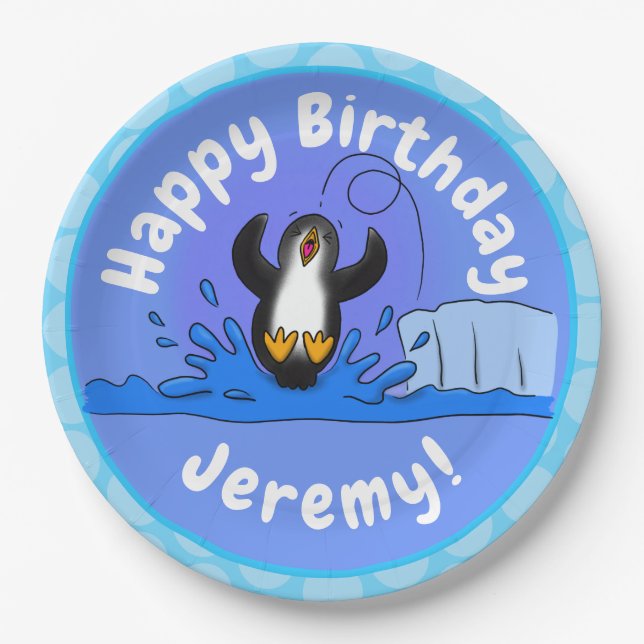 Cute happy jumping penguin cartoon illustration paper plates (Front)