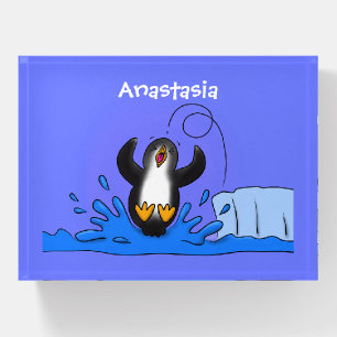 Cute happy jumping penguin cartoon illustration paperweight