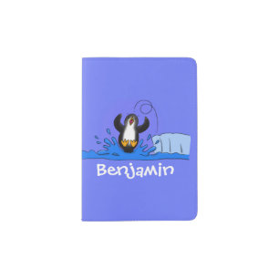 Cute happy jumping penguin cartoon illustration passport holder