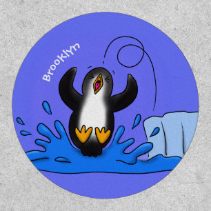 Cute happy jumping penguin cartoon illustration patch