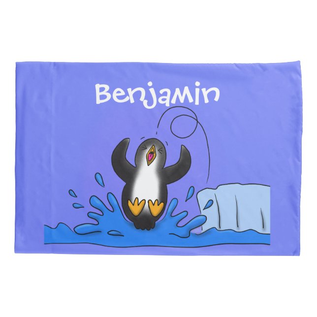 Cute happy jumping penguin cartoon illustration pillow case (Back)
