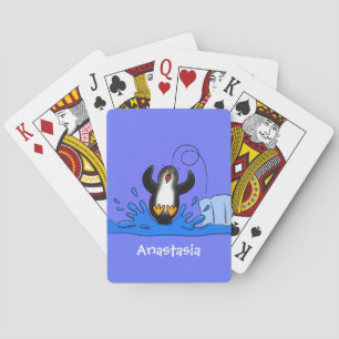 Cute happy jumping penguin cartoon illustration poker cards