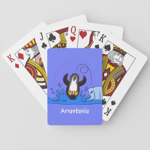 Cute happy jumping penguin cartoon illustration poker cards