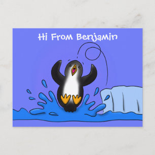 Cute happy jumping penguin cartoon illustration postcard