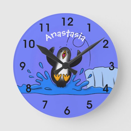 Cute happy jumping penguin cartoon illustration round clock