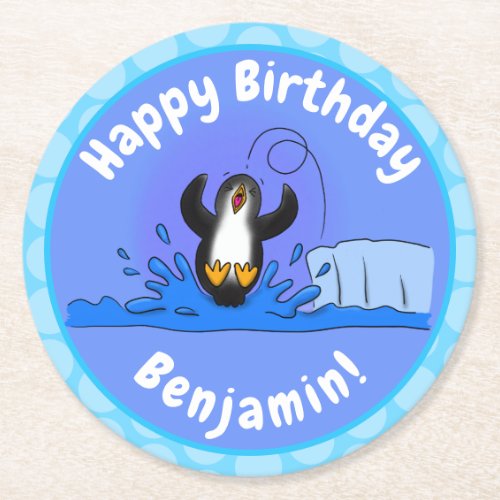 Cute happy jumping penguin cartoon illustration round paper coaster