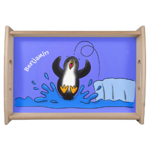 Cute happy jumping penguin cartoon illustration serving tray