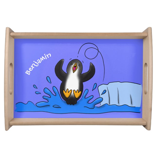 Cute happy jumping penguin cartoon illustration serving tray (Front)