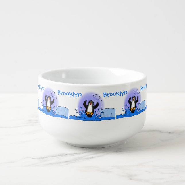 Cute happy jumping penguin cartoon illustration soup mug (Front)