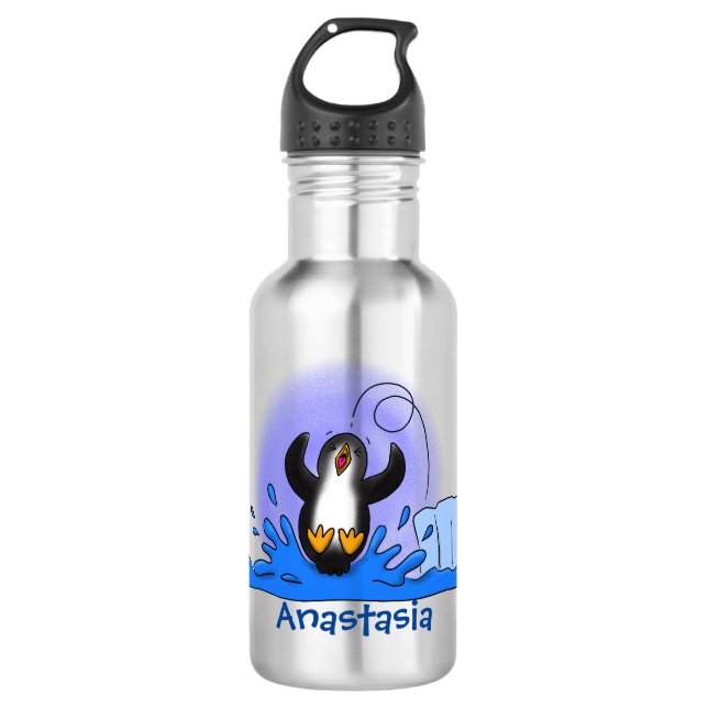 Cute happy jumping penguin cartoon illustration stainless steel water bottle (Front)