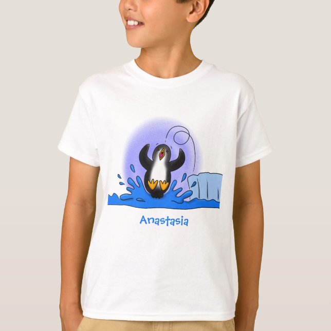 Cute happy jumping penguin cartoon illustration T-Shirt (Front)