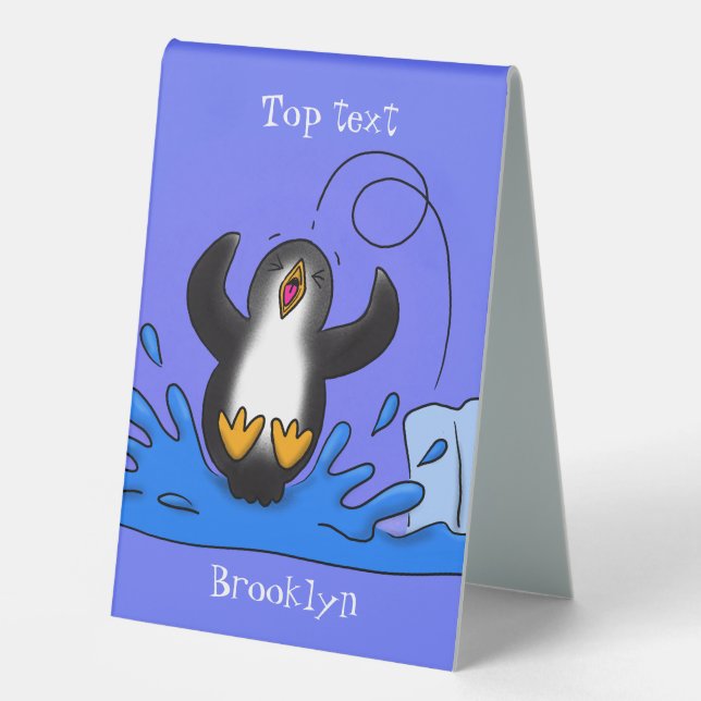 Cute happy jumping penguin cartoon illustration table tent (Front)