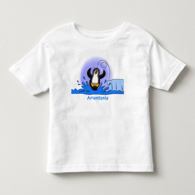 Cute happy jumping penguin cartoon illustration toddler t-shirt (Front)