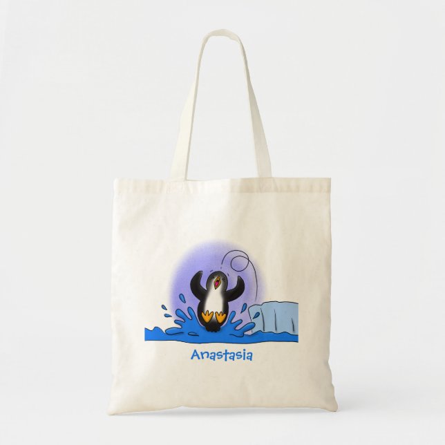 Cute happy jumping penguin cartoon illustration tote bag (Front)