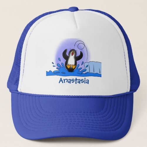 Cute happy jumping penguin cartoon illustration trucker hat