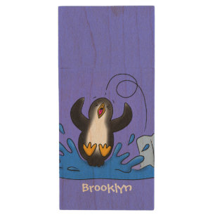Cute happy jumping penguin cartoon illustration wood flash drive