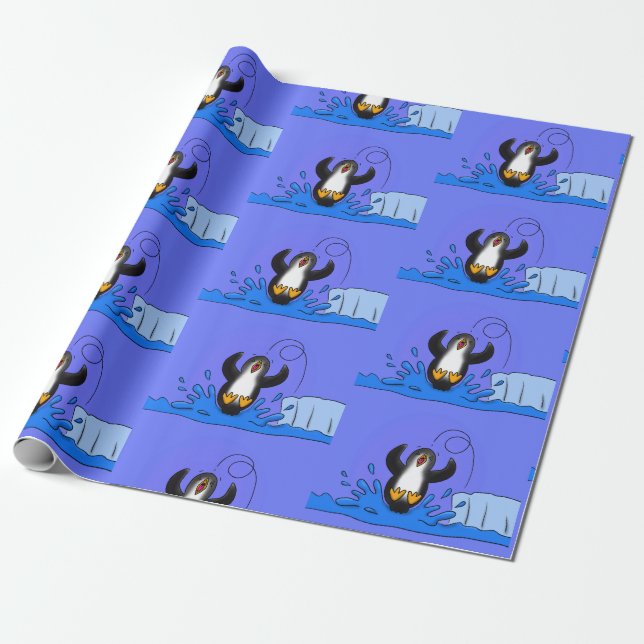 Cute happy jumping penguin cartoon illustration wrapping paper (Unrolled)