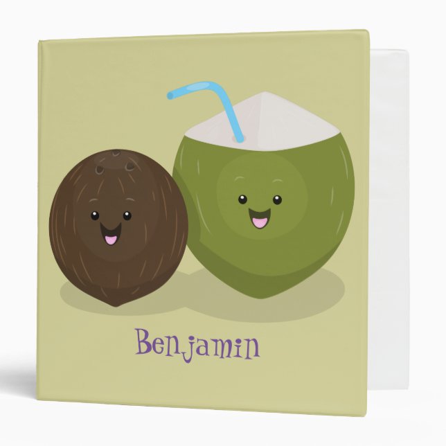 Cute happy kawaii coconuts cartoon illustration 3 ring binder (Front/Inside)