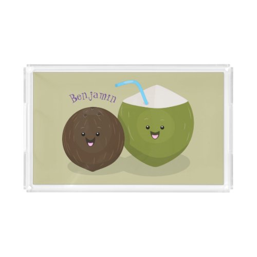 Cute happy kawaii coconuts cartoon illustration acrylic tray