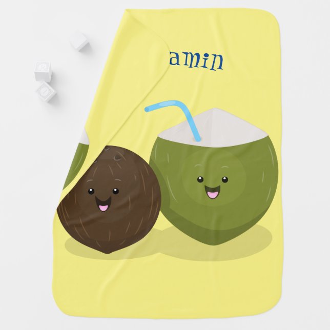 Cute happy kawaii coconuts cartoon illustration baby blanket (In Situ)