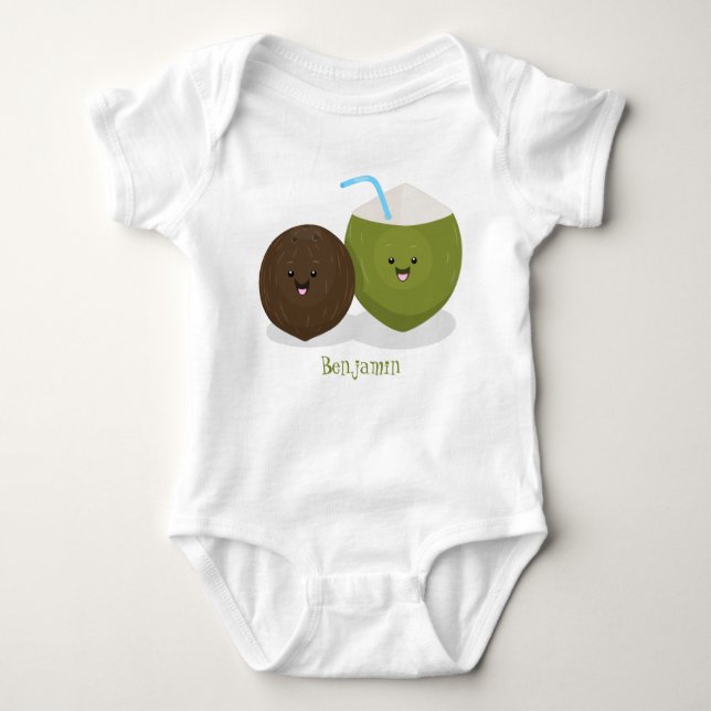 Cute happy kawaii coconuts cartoon illustration baby bodysuit (Front)