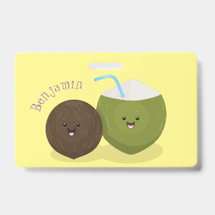 Cute happy kawaii coconuts cartoon illustration badge
