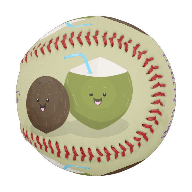 Cute happy kawaii coconuts cartoon illustration baseball (Front Right)