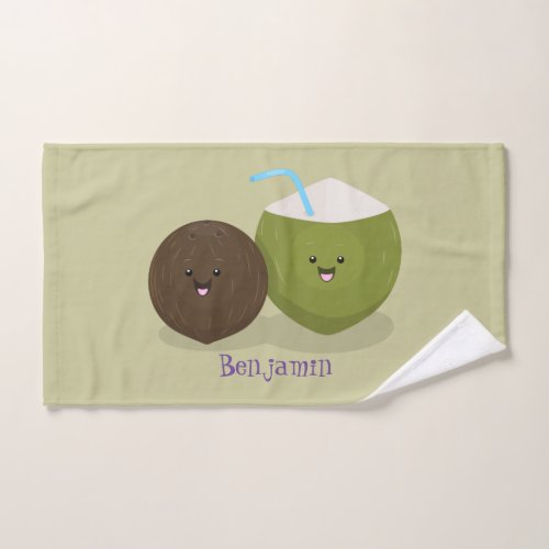 Cute happy kawaii coconuts cartoon illustration bath towel set