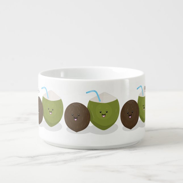 Cute happy kawaii coconuts cartoon illustration bowl (Center)