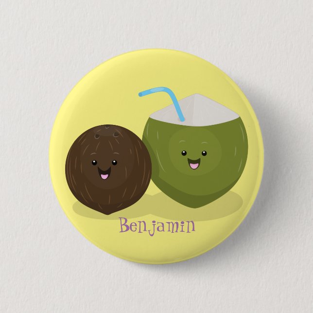 Cute happy kawaii coconuts cartoon illustration button (Front)