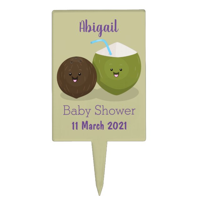 Cute happy kawaii coconuts cartoon illustration cake topper (Front)