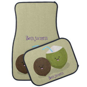 Cute happy kawaii coconuts cartoon illustration  car floor mat