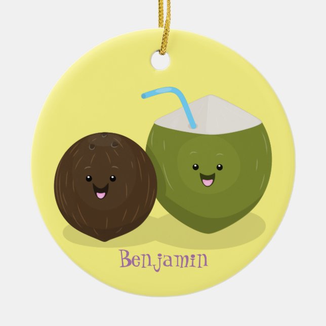 Cute happy kawaii coconuts cartoon illustration ceramic ornament (Front)