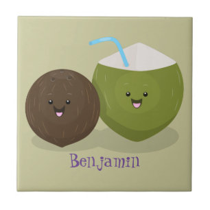 Cute happy kawaii coconuts cartoon illustration ceramic tile