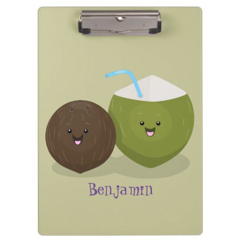 Cute happy kawaii coconuts cartoon illustration clipboard