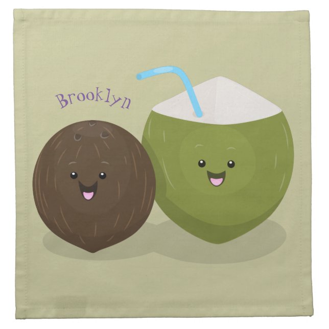 Cute happy kawaii coconuts cartoon illustration cloth napkin (Front)