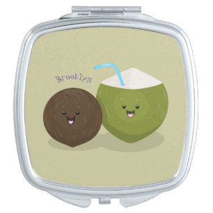 Cute happy kawaii coconuts cartoon illustration compact mirror