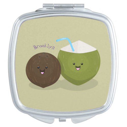 Cute happy kawaii coconuts cartoon illustration compact mirror