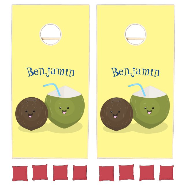 Cute happy kawaii coconuts cartoon illustration cornhole set (Set)