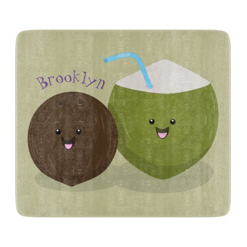 Cute happy kawaii coconuts cartoon illustration cutting board