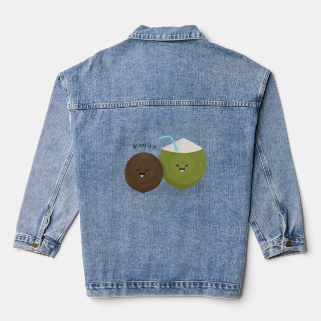 Cute happy kawaii coconuts cartoon illustration denim jacket (Back)
