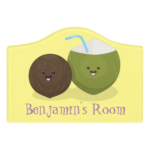 Cute happy kawaii coconuts cartoon illustration door sign