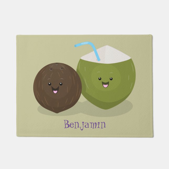 Cute happy kawaii coconuts cartoon illustration doormat (Front)