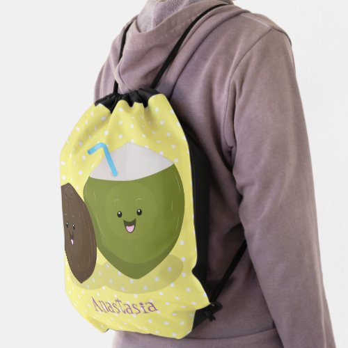 Cute happy kawaii coconuts cartoon illustration drawstring bag