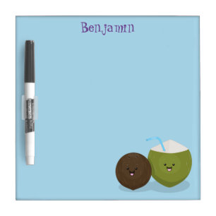 Cute happy kawaii coconuts cartoon illustration dry erase board