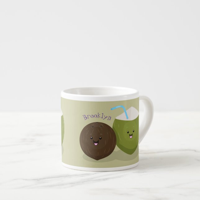 Cute happy kawaii coconuts cartoon illustration espresso cup (Front Right)