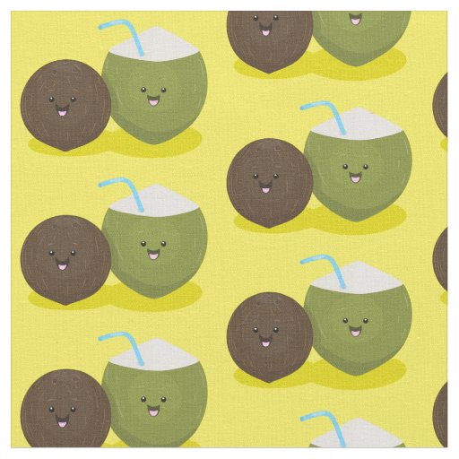 Cute happy kawaii coconuts cartoon illustration fabric