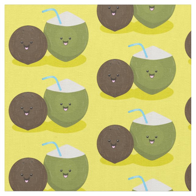 Cute happy kawaii coconuts cartoon illustration fabric (Close Up)